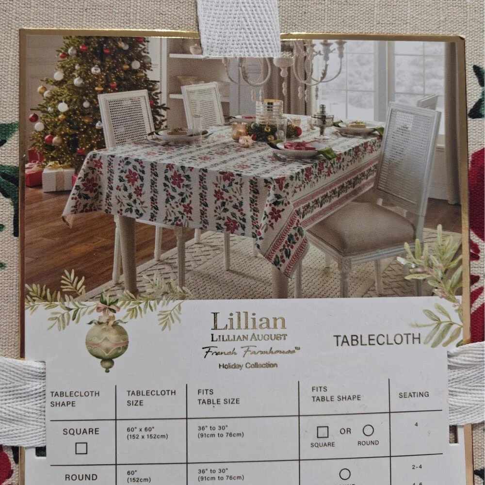 New Lillian August Cotton Tablecloth Holly Christmas Tan 60